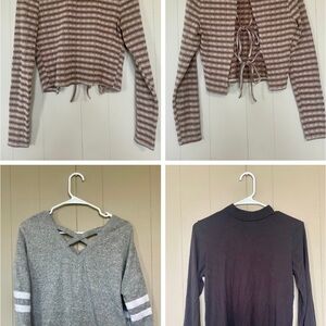 Striped Brown Crop Sweater and Gray Cross-Back Top